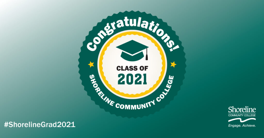 Congratulations, Class of 2021! Image of graduation cap and Shoreline logo
