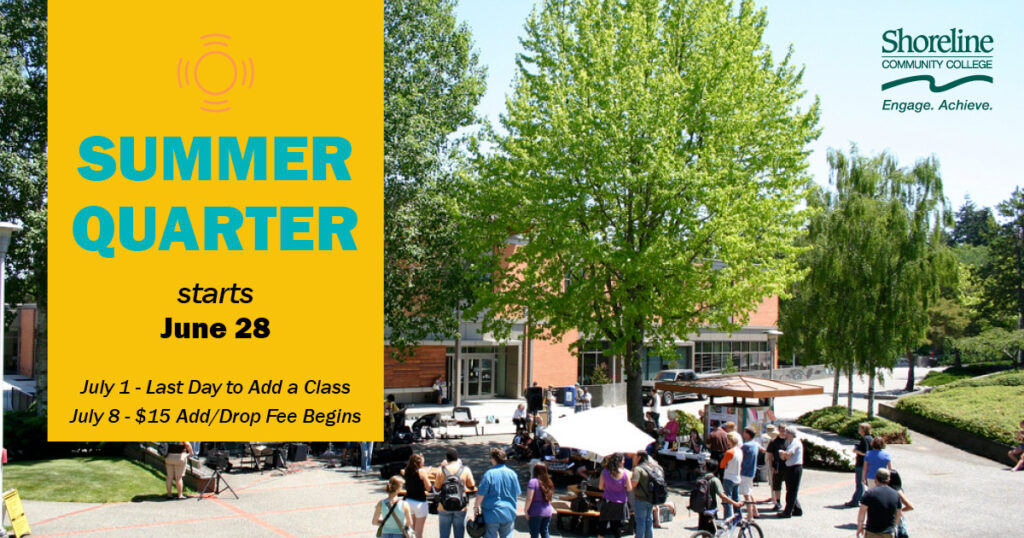 Campus Courtyard with text "Summer Quarter starts June 28"