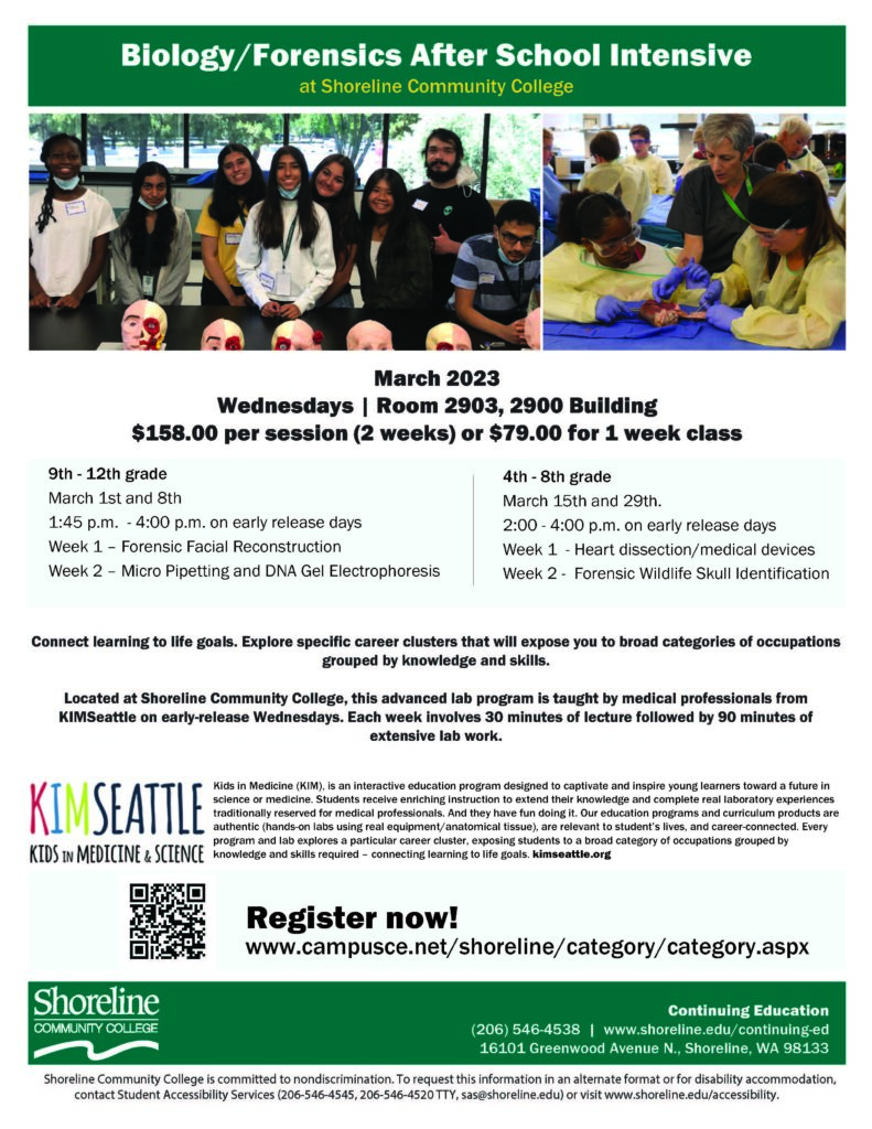    KIMSeattle (Kids in Medicine) flyer with class information onit