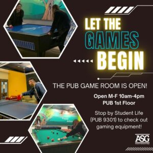 This image is of a flyer advertising the Pub Game Room is open.  There are three images of students playing games (Air hockey, Ping Pong, Pool) and the hours for the game room are M-F 10am-4pm.