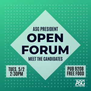 This is a green geometric graphic giving information about the ASG Open Forum.