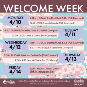 This image is a flyer with cherry blossoms on it advertising different welcome week events happening this week.