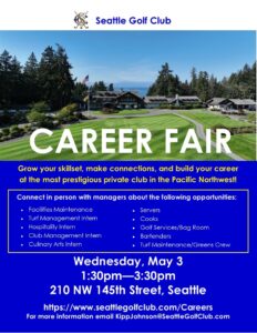 This is a flyer with a picture of green fields and buildings advertising details for the Career Fair