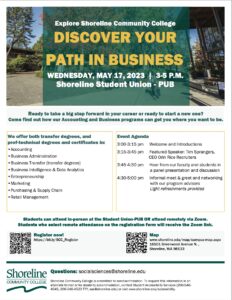 This is a flyer advertising the schedule for the Discover Your Path in Business event happening on Wednesday May 17, 2023.