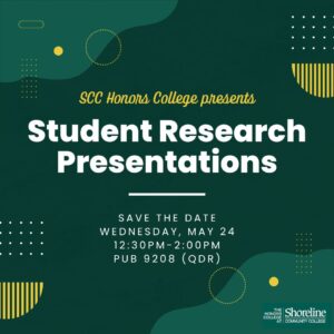 This is a graphic in shades of green advertising the Student Research Presentations 