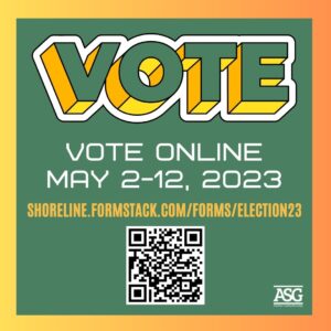 This is a graphic with the word VOTE in big letters asking students to vote online between May 2-12, 2023.