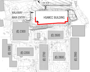 This shows a blueprint of campus narrowing in on the new HSAMCC Building and shows where the sealer will be applied.