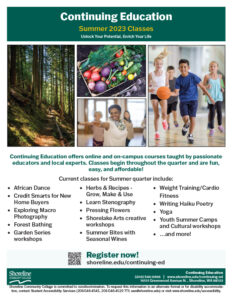 This is a flyer that has several images at the top (a well lit forest, a colorful garden of veggies,  a group of women doing yoga poses, a group of children playing basketball) that lists out the Continuing Education summer offerings.