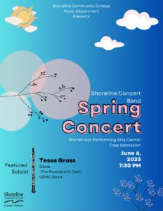 This is a flyer with a blue background, clouds and the sun.  It advertises Shoreline's Spring Concert Band Concert.