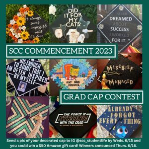 This is a collage of decorated graduation caps