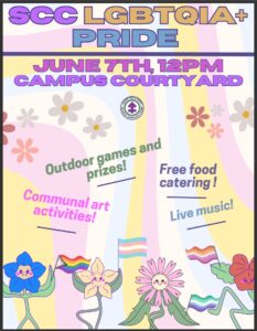 This is a 70s themed flyers with rainbow pastel colors and flowers advertising the upcoming Pride event.