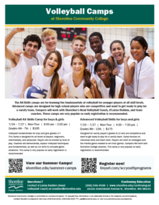 This is a page from the summer Continuing Education program with lots of information about the summer's volleyball camp offerings