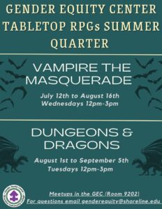 This is a green flyer with fantasy clip arts (dragons, bats etc) advertising the Tabletop RPG games