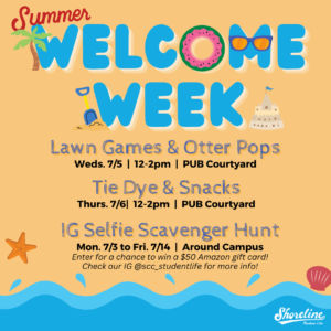 This is a summer graphic advertising the details of Welcome Week