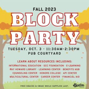 This is a flyer with trees with yellow leaves advertising the block party resources