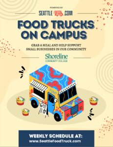 This is a flyer advertising the food trucks.  It features a colorful food trucks in the center and the link for the schedule.