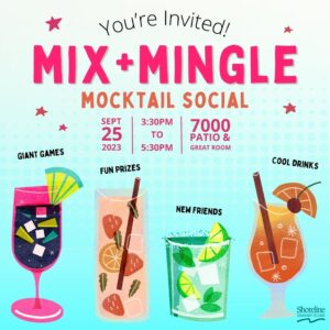 This is a blue flyer with colorful drinks on it advertising the cocktail social