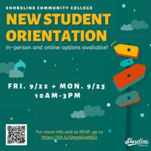 This is a green flyer with multicolored signposts advertising student orientation