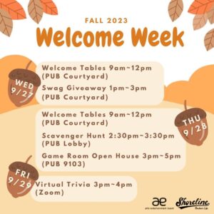 This is a fall themed flyer with leaves and acorns advertising Welcome Week activities