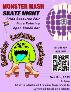 This is a purple flyer with a disco ball and a green monster on roller skates.