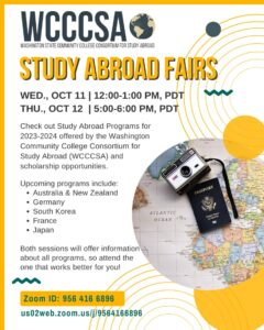 This is a flyer with a map, passport, and camera and advertises the study abroad fair