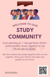 This is a pink flyer with people of many cultures on the top advertising the study community