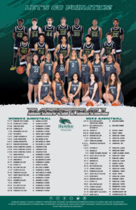 This is a poster for the basketball season that has both the women's and he men's team on it.