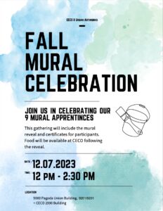 This is a watercolor blue and green background with a clip art of a paint bucket and brush advertising detailed covered in the post about the Fall Mural Celebration