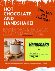 This is an orange and yellow flyer with a pictures of a steaming mug of hot chocolate filled with marshmallows
