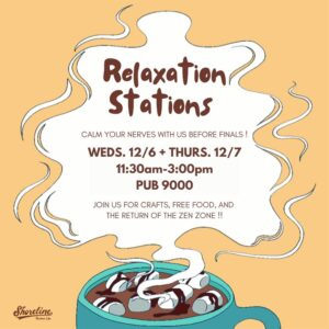 This is a yellow background with a mug of hot chocolate in a teal cup advertising details of the relation stations written in the steam coming from the cup