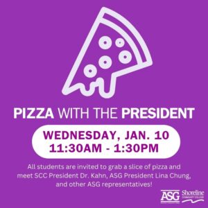 This is a purple flyer with a piece of pizza and white writing