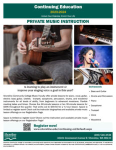 This is a flyer with images of someone playing guitar, piano, singing and a close-up of different musical instruments.