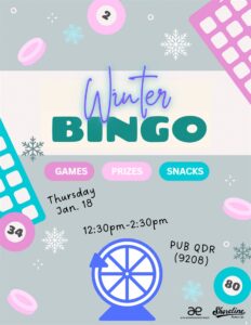 This is a grey flyer with wintery clip art advertising the Bingo Event