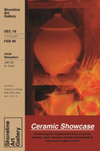 This is a poster for the ceramics art exhibits- it is dark orange, yellow, and red in color with images of ceramics