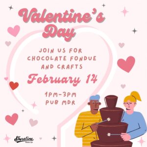 This is a pink flyer with hearts and two people eating chocolate fondue