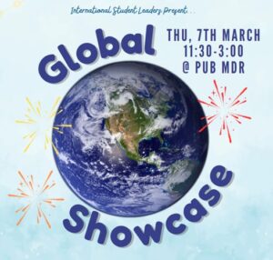 This is a picture of planet earth with the words Global Showcase in blue writing framing the image