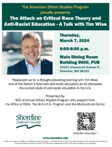 This is a flyer with a headshot for Tim Wise advertising his talk.
