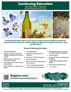 This is a flyer advertising Continuing Education courses for spring.  It has images of flower presses cards, white wine with two wine filled glasses, and multicolored wildflowers.