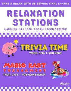This is a bright purple and white flyer Trivia Time, Mario Kart icons
