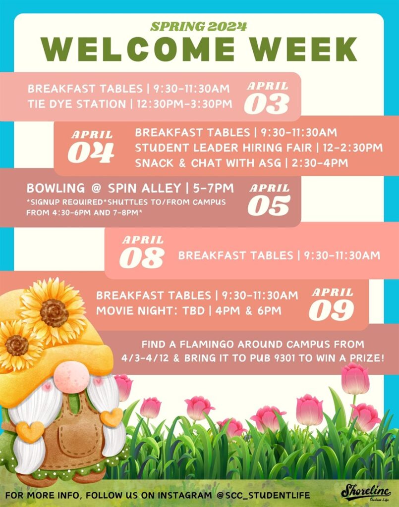 This is a flyer with a gnome and tulips and pink boxes with white writing advertising the Welcome Week Activities