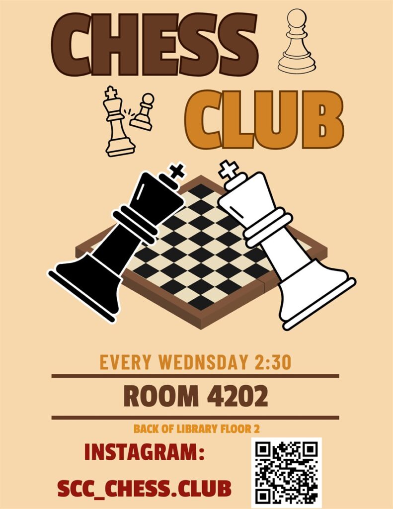 This is a tan-colored flyer with a chess board and chess pieces