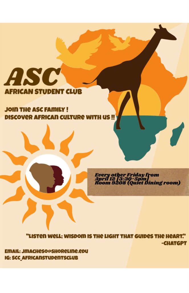 This is a tan colored flyer with the continent of African overlaid with a sunset and a giraffe and a sun with silhouettes in it.