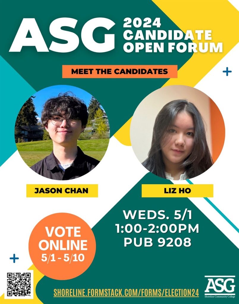 This is a colorful flyer with two student images advertising the ASG Candidate Open Forum