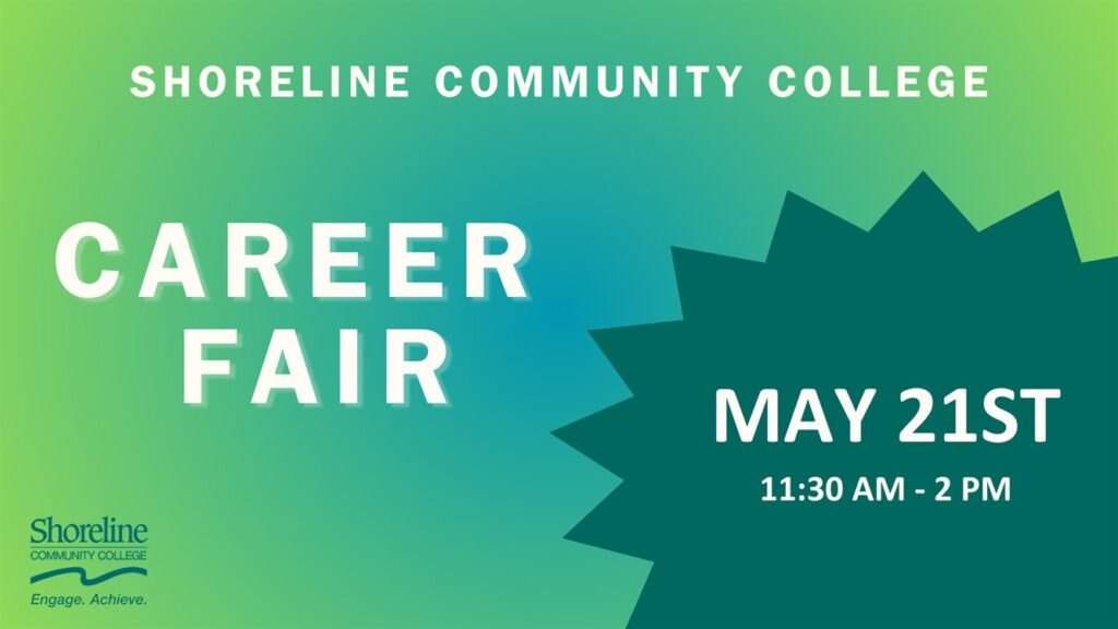 This is a green and blue rectangular graphic advertising the date and time of the career fair.  The info is captured in the text of this post.