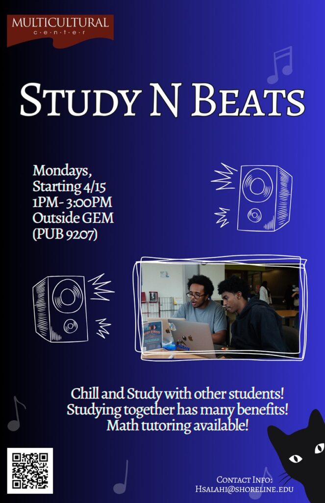 This is a blueish purple flyer with clip art of speakers and a cat.  It also include a photo of people studying.