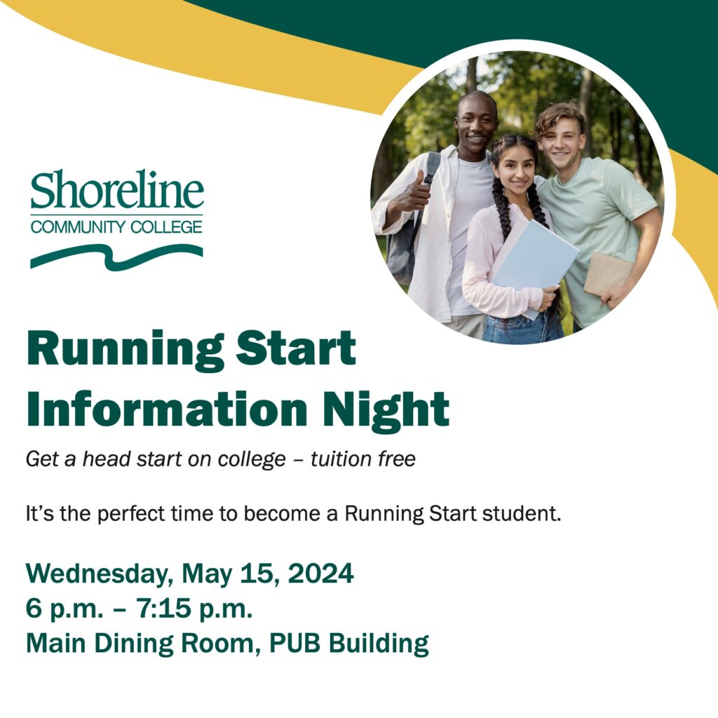 This is a social media graphic with a green and gold wave and an image of three people in a circle.  It advertising information about Running Start which we have included in this post.