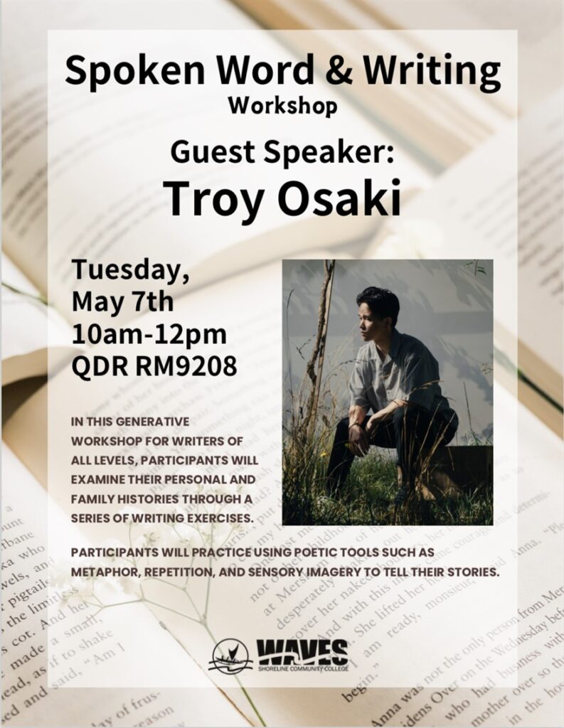 This is a flyer over a background of open books, but Tory's image on it advertising the Spoken Word & Writing workshop
