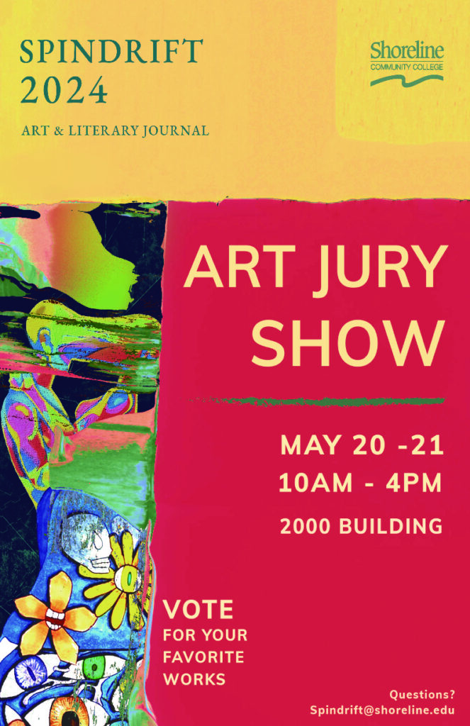 This is a flyer with gold and red colors and some colorful artwork on the left panel with information about the art show.