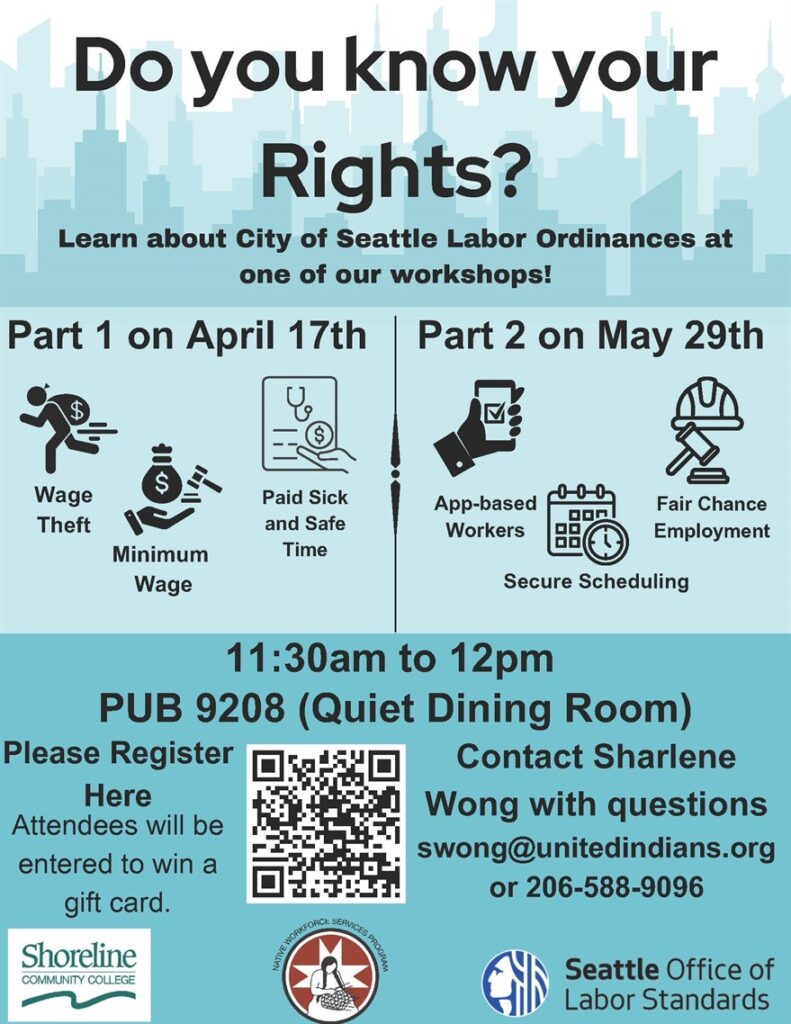 This is a blue flyer with a city skyline, advertising the Labor Rights meeting