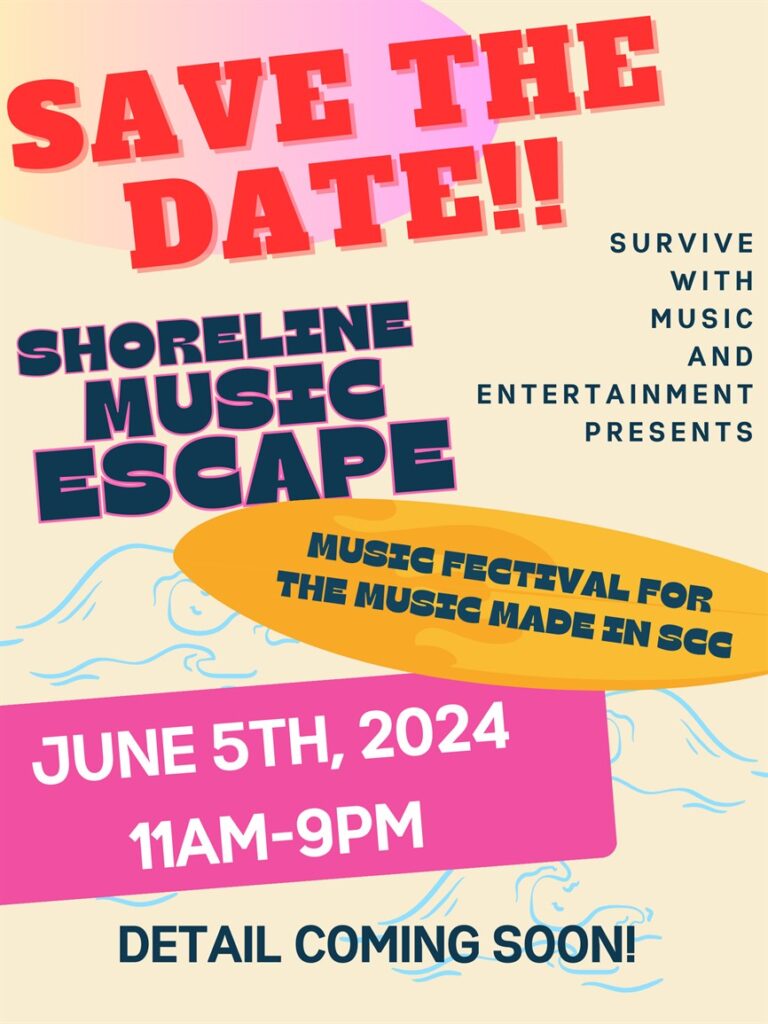 This is a tan colored flyer with brightly colored writing and some waves in the background (has a surfer vibe) advertising the music event